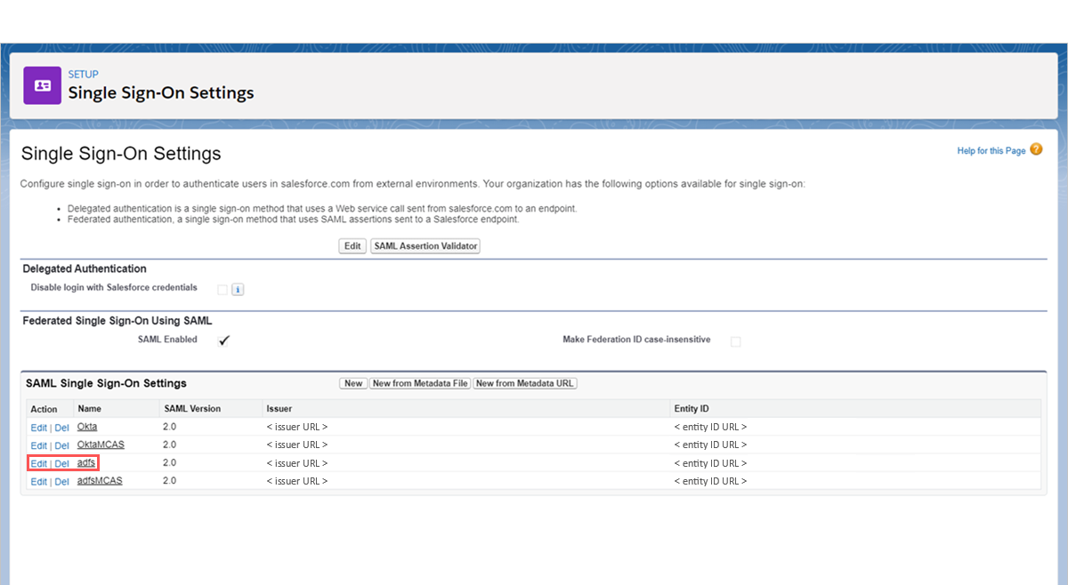 Vælg SSO-indstillinger for Salesforce.