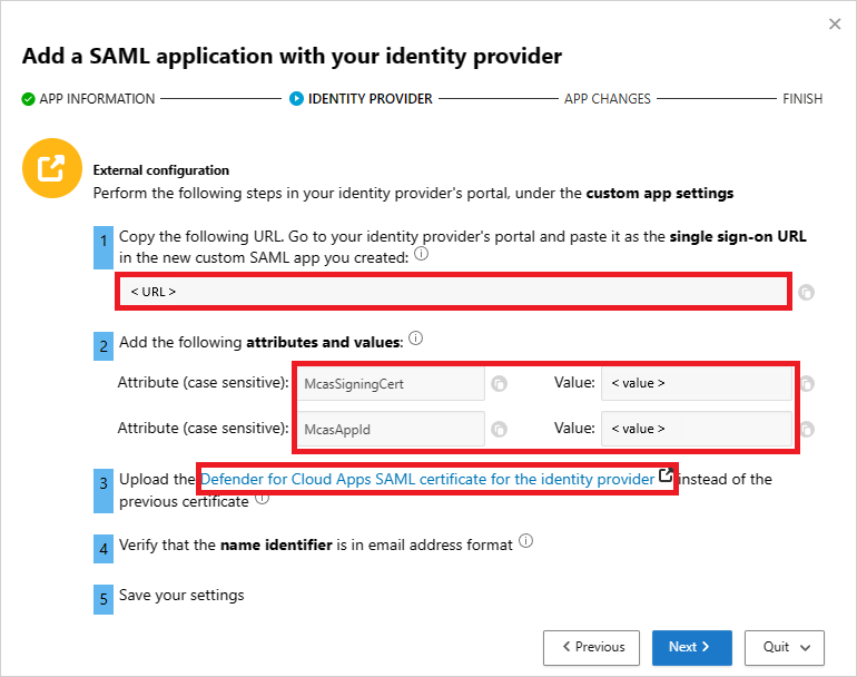 Bemærk SSO URL-adresse og attributter i Defender for Cloud Apps.