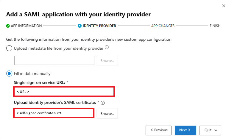 Tilføj URL-adressen til SSO-tjenesten og SAML-certifikatet.