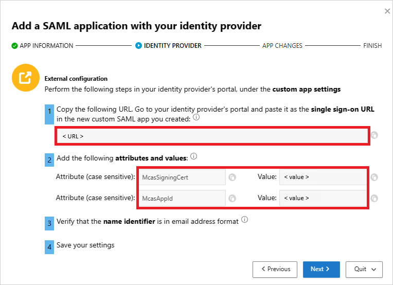 Bemærk SSO URL-adresse og attributter i Defender for Cloud Apps.