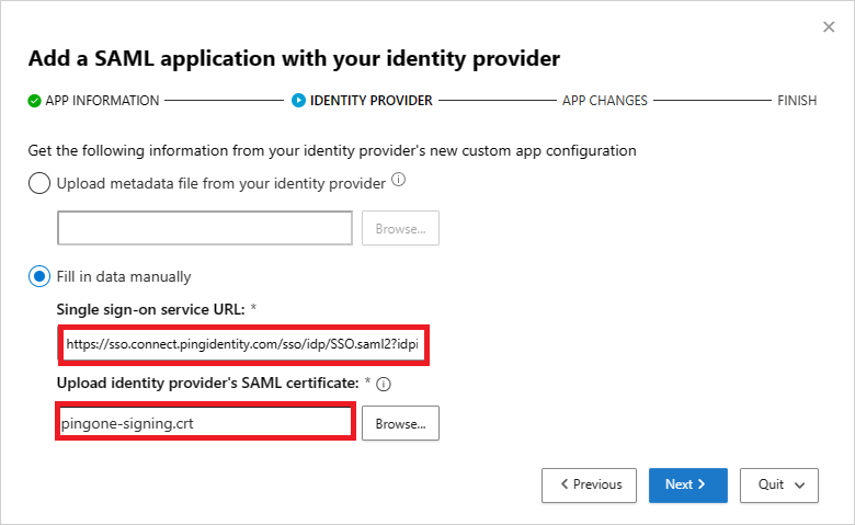 Tilføj URL-adressen til SSO-tjenesten og SAML-certifikatet.