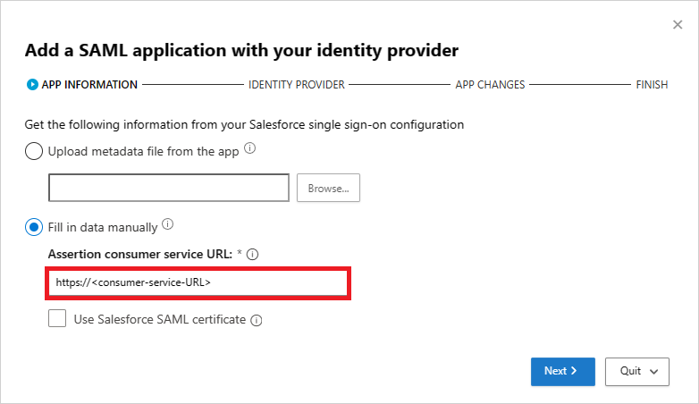 Udfyld Salesforce SAML-oplysninger manuelt.