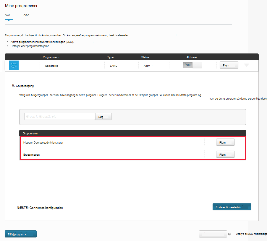 Bemærk de tildelte grupper for eksisterende Salesforce-apps.