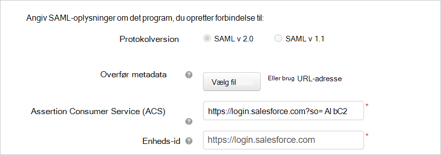 Konfigurer brugerdefineret app med Salesforce SAML-oplysninger.