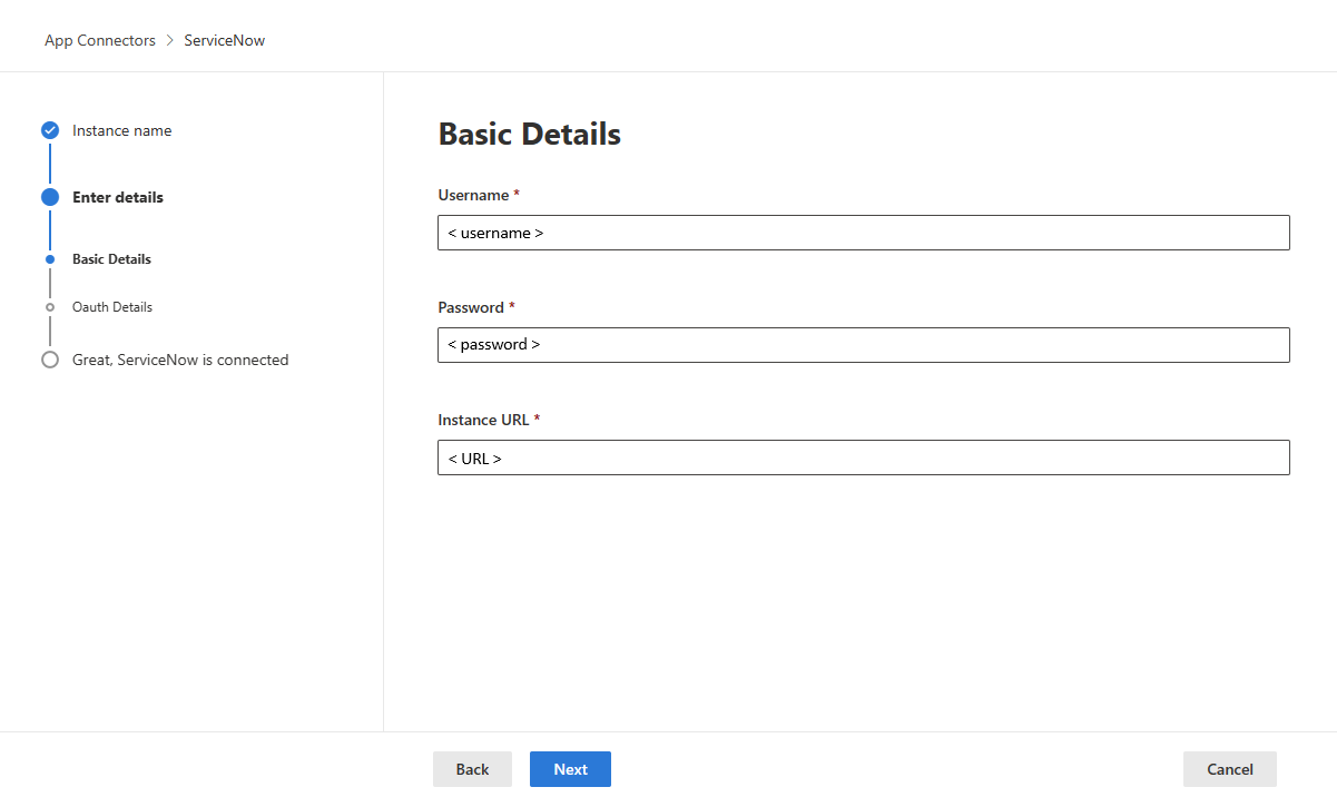 Skærmbillede af dialogboksen ServiceNow App Connector Details.