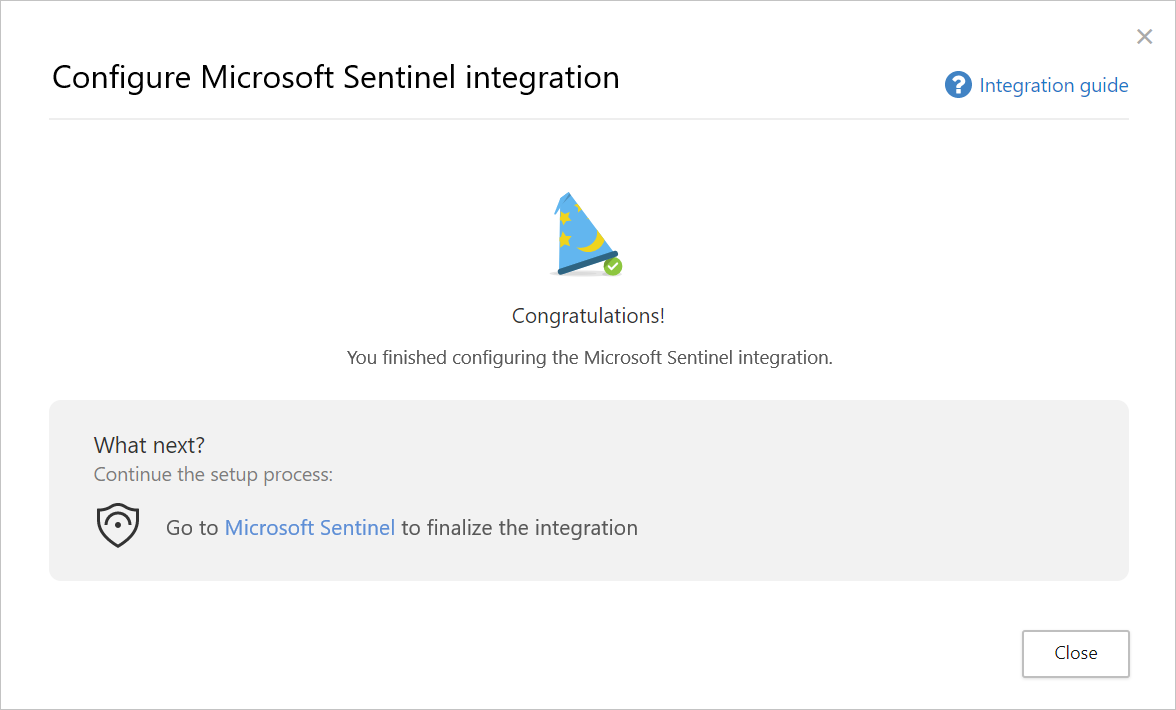 Skærmbillede, der viser afslutningssiden for Konfigurer Microsoft Sentinel integration.