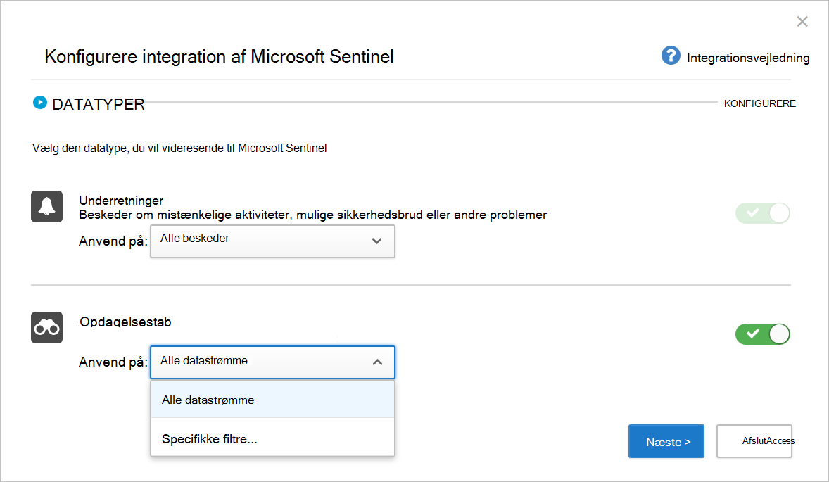 Skærmbillede, der viser startsiden for Konfigurer Microsoft Sentinel integration.