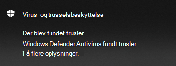 Microsoft Defender Besked om fundne antivirustrusler giver mulighed for at få oplysninger