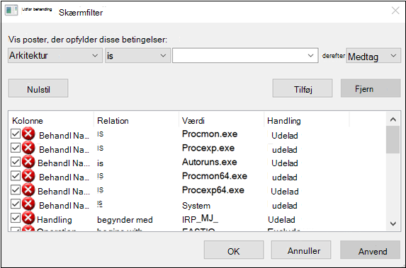 Skærmbillede, der viser den side, hvor System Exclude er valgt som Filtrer procesnavn fra.