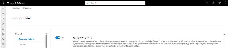 Skærmbillede af til/fra-knappen for aggregeret rapportering på siden med indstillinger for Microsoft Defender portal.