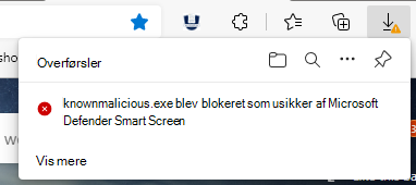 Skærmbillede, der viser, hvordan SmartScreen registrerer en fildownload med et usikkert omdømme. download er blokeret.