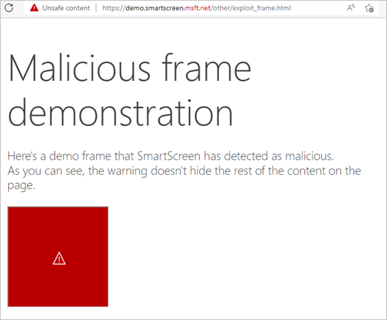 En demonstration af, hvordan SmartScreen reagerer på en ramme på en side, der registreres som skadelig. Det er kun den skadelige ramme, der blokeres