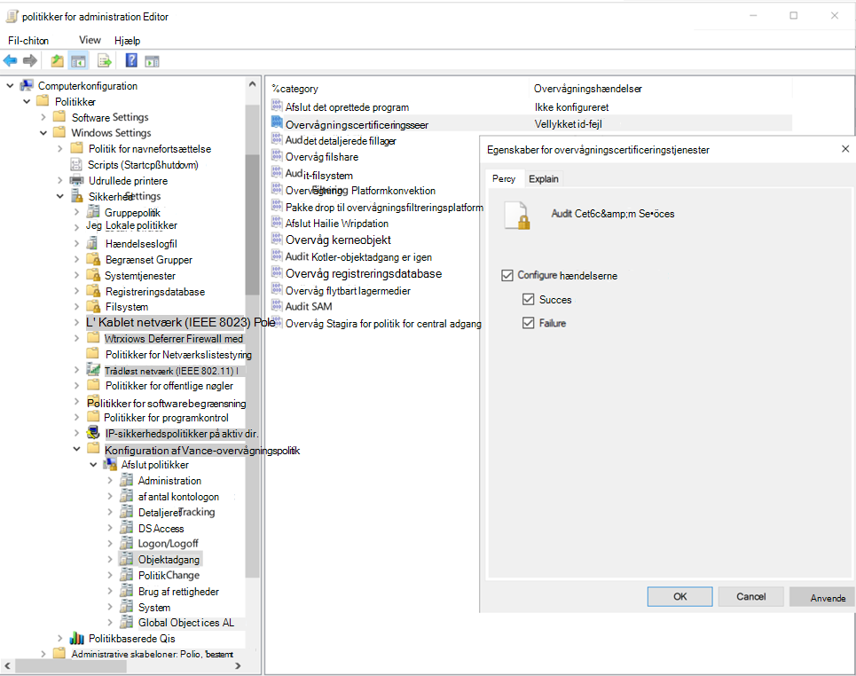 Skærmbillede af konfiguration af overvågningshændelser for Certifikattjenester i Active Directory i Editor administration af Gruppepolitik.