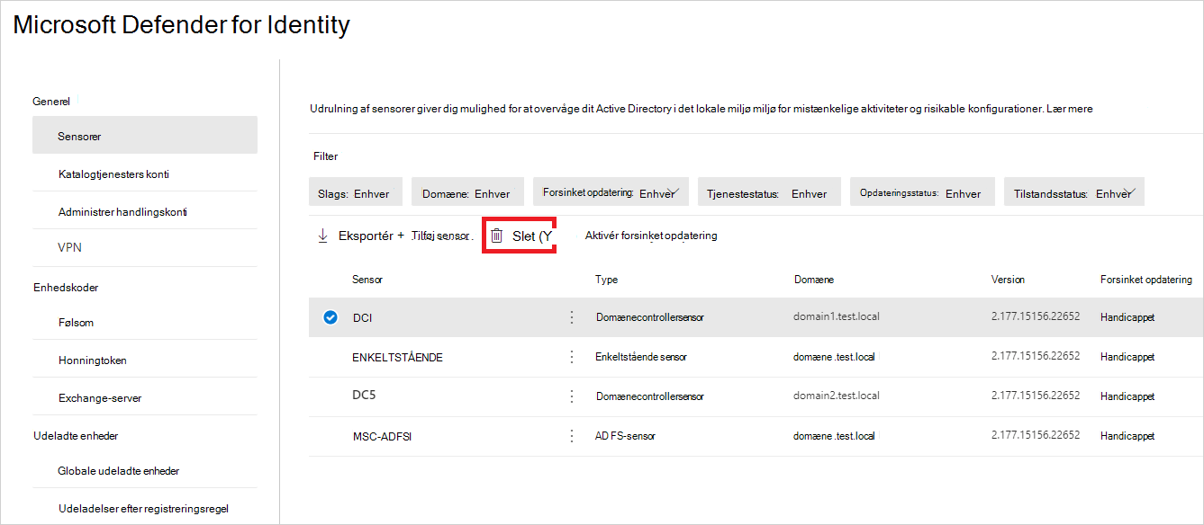 Slet tabte Defender for Identity-sensorer fra sensorsiden