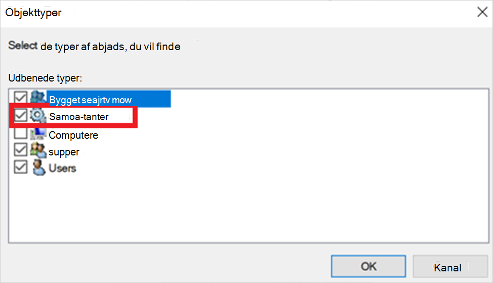 Skærmbillede af valg af tjenestekonti som objekttyper.