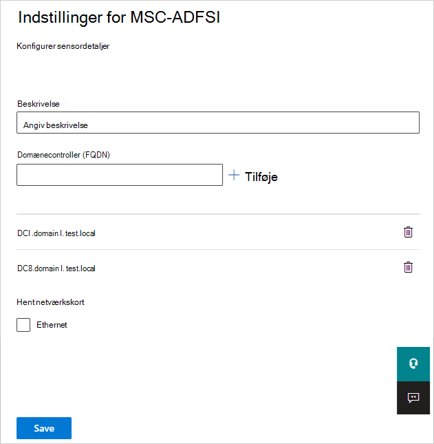 Skærmbillede af valg til konfiguration af en Active Directory Federation Services sensorreklarer i Defender for Identity.