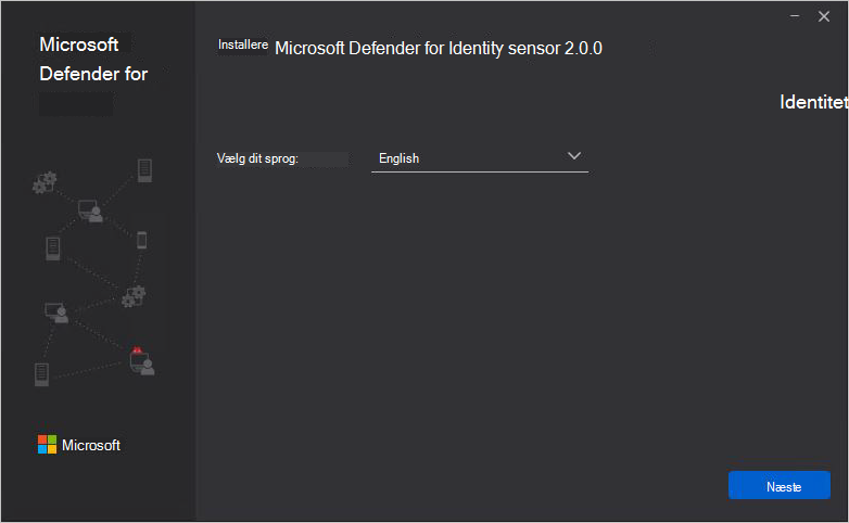 Skærmbillede, der viser valg af installationssproget defender for identitets separat sensor.