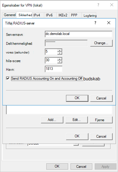 Skærmbillede af knappen Send RADIUS-konto til og fra.