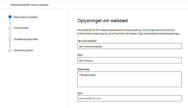 Skærmbillede, der viser oplysninger om oprettelse af et nyt websted på siden Webstedssikkerhed i Microsoft Defender til IoT på Microsoft Defender portalen.