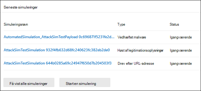 Kortet Seneste simuleringer under fanen Oversigt i Simuleringstræning af angreb på portalen Microsoft Defender.