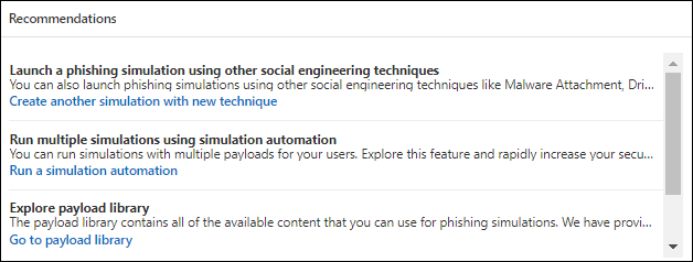 Kortet Anbefalinger under fanen Oversigt i Simuleringstræning af angreb på portalen Microsoft Defender.