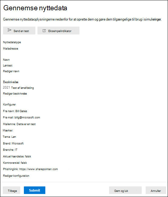Siden Gennemse nyttedata i Simuleringstræning af angreb på Microsoft Defender-portalen