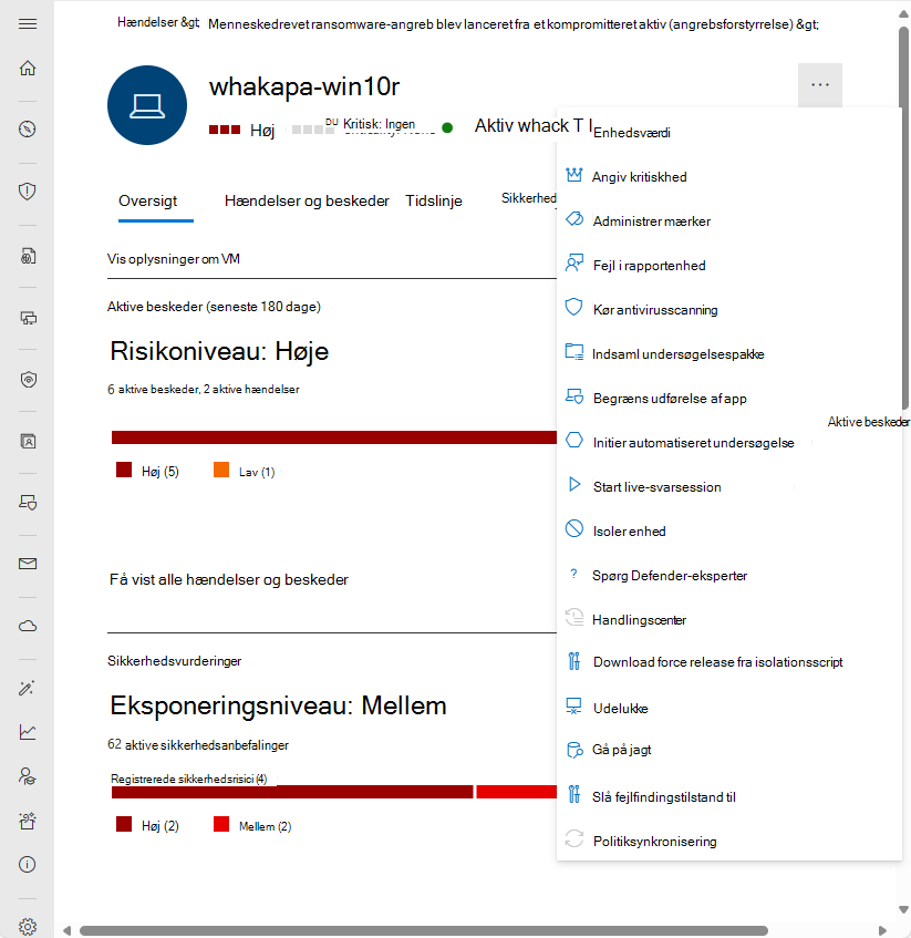 Skærmbillede af handlingslinjen for enhedssiden på Microsoft Defender portalen.