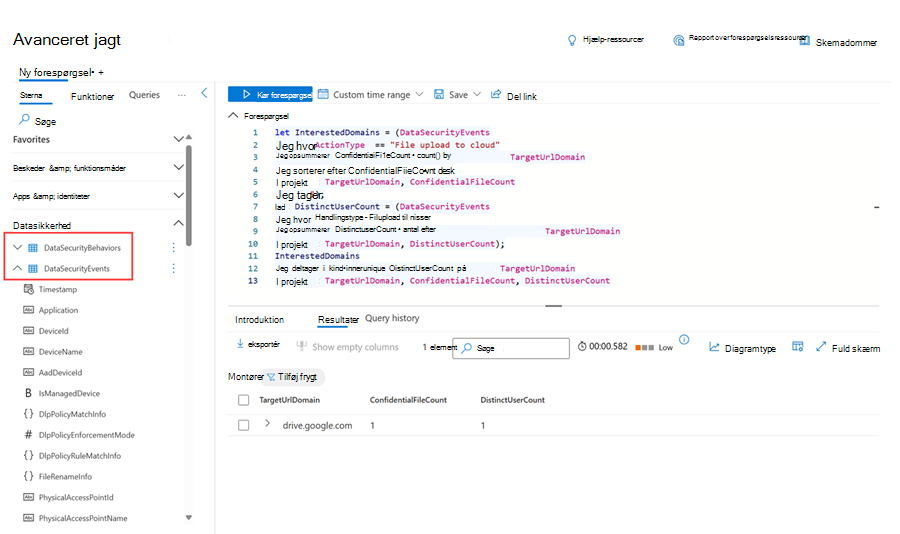Avanceret jagtside, der viser en forespørgsel ved hjælp af de tabeller, der er relateret til funktionsmåder og hændelser for insiderrisiko.