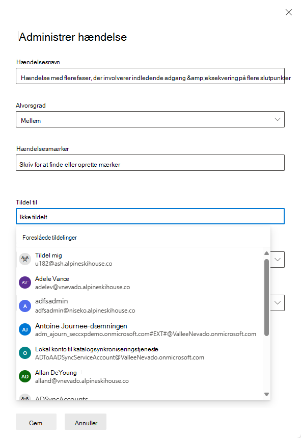 Skærmbillede, der viser, hvordan du tildeler en ejer i ruden Administrer hændelse på Microsoft Defender portal.