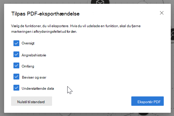 Skærmbillede, der fremhæver indstillingen eksporthændelse til PDF.