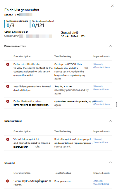 Skærmbillede af sideruden med synkroniseringsresultater.