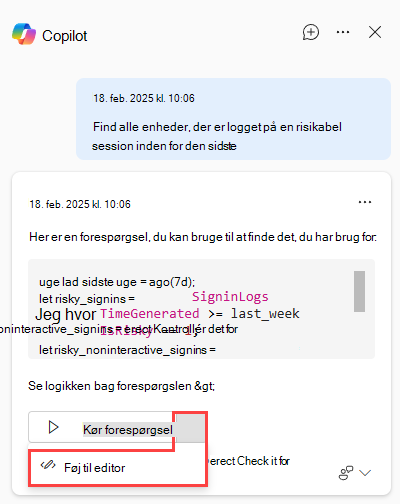 Skærmbillede af Security Copilot i avanceret jagt på trusler, der viser indstillingen Føj til editor.