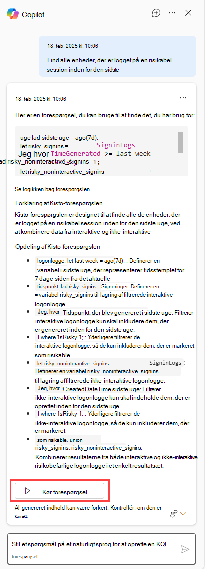 Skærmbillede af knappen Copilot, der viser Føj forespørgslen til forespørgselseditor og kør.