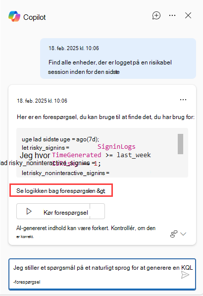 Skærmbillede af knappen Copilot, der viser Se den logik, der er bag forespørgslen.