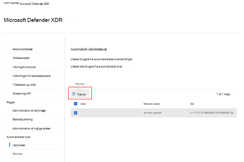Fremhævning af fjernelsesindstillingen, når du fjerner en udeladt bruger på siden Identiteter for automatiseringsindstillinger for angrebsafbrydelser