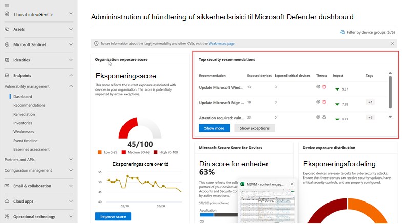 Skærmbillede af dashboardet til administration af sårbarheder med sikkerhedsanbefalinger fremhævet.