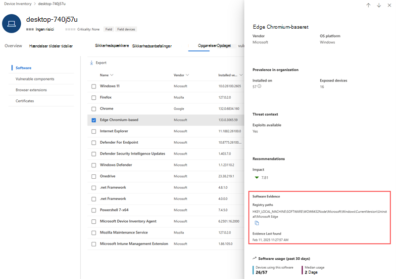 Eksempel på softwareeksempel på Microsoft Edge, der viser registreringsdatabasestien, som den ses på en enhedsside