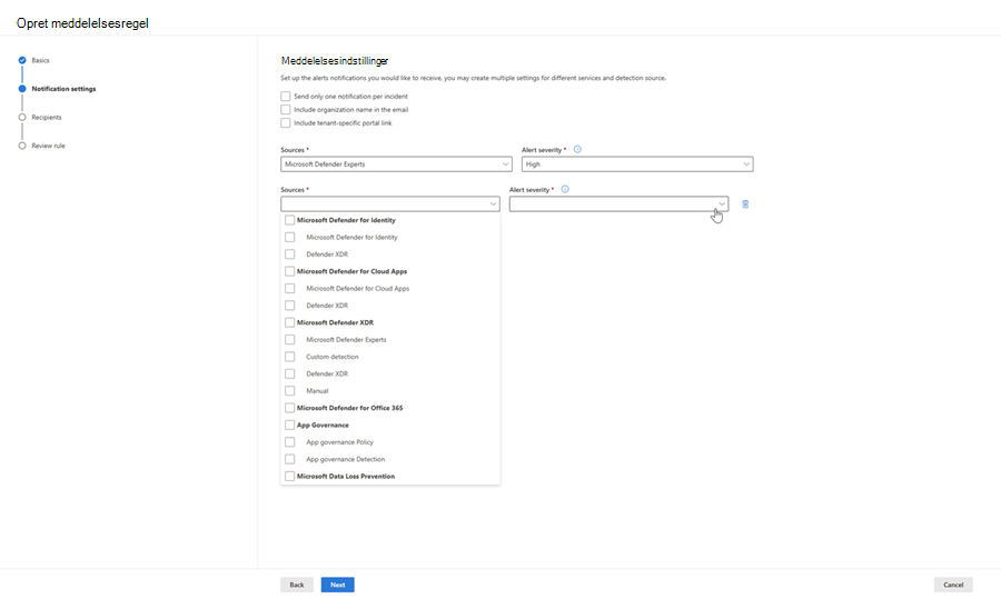 Skærmbillede af siden Meddelelsesindstillinger for meddelelser om hændelsesmail på Microsoft Defender-portalen.