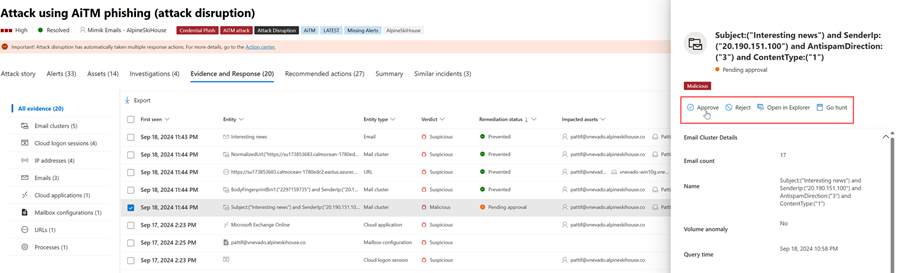 Indstillingen Godkend\Afvis i ruden Administration af beviser og svar for en hændelse på Microsoft Defender-portalen.