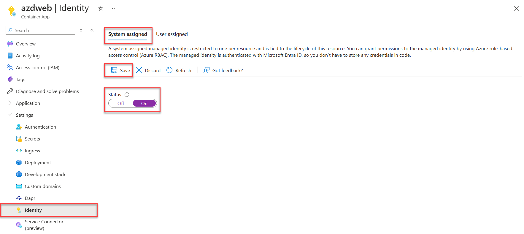 A screenshot showing how to enable a system-assigned identity on a container app.
