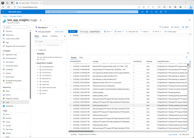 App Insights logs view