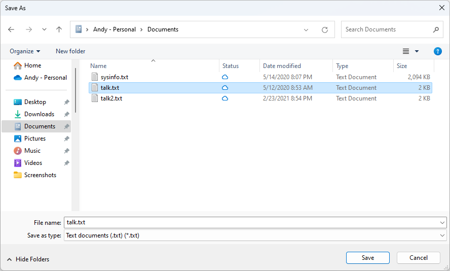 A Save As dialog box showing the location to save the file shown from a WPF application.