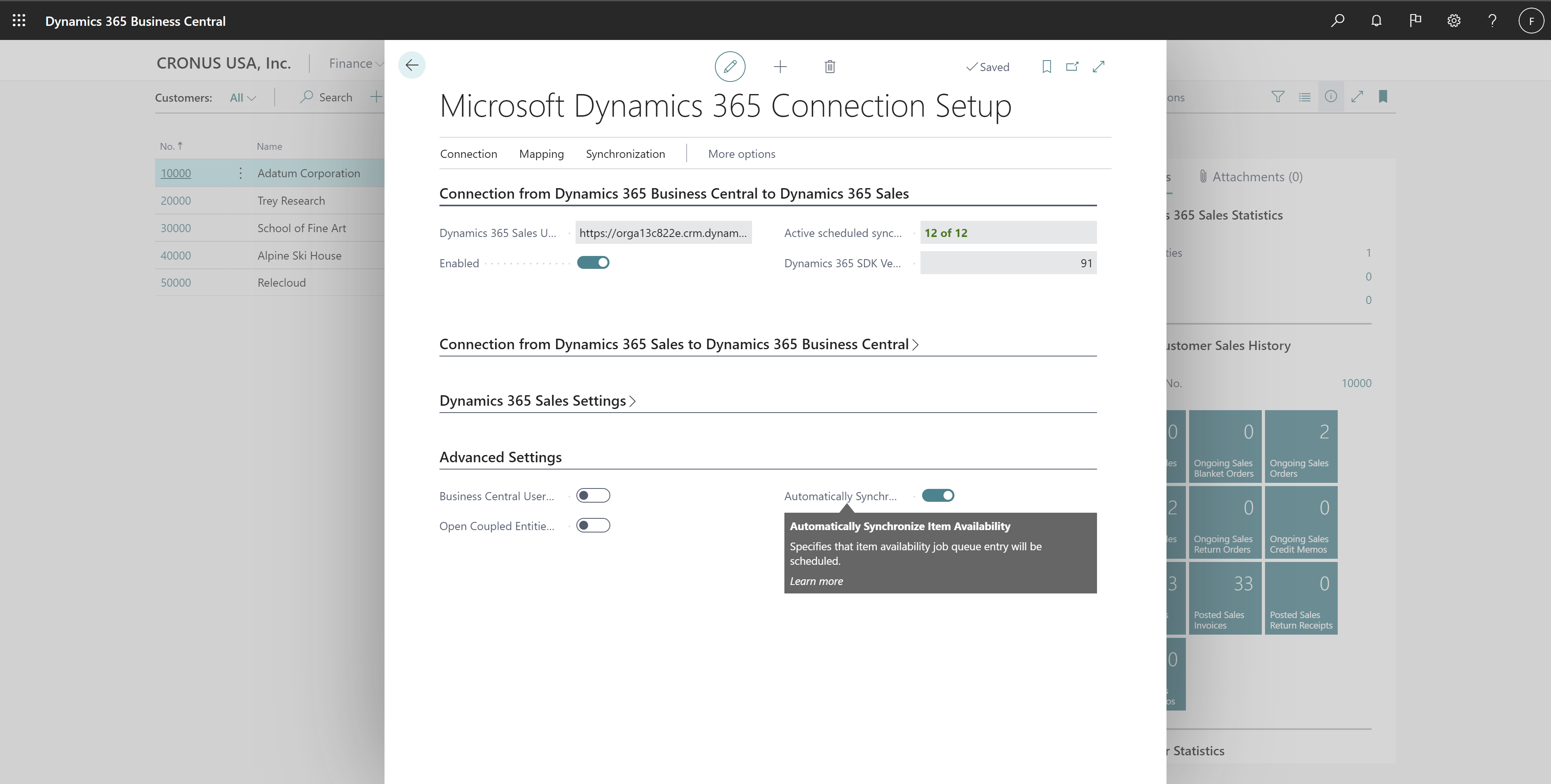 Afkrydsningsfeltet Synkroniser automatisk varetilgængelighed på siden Opsætning af Dynamics 365-forbindelse