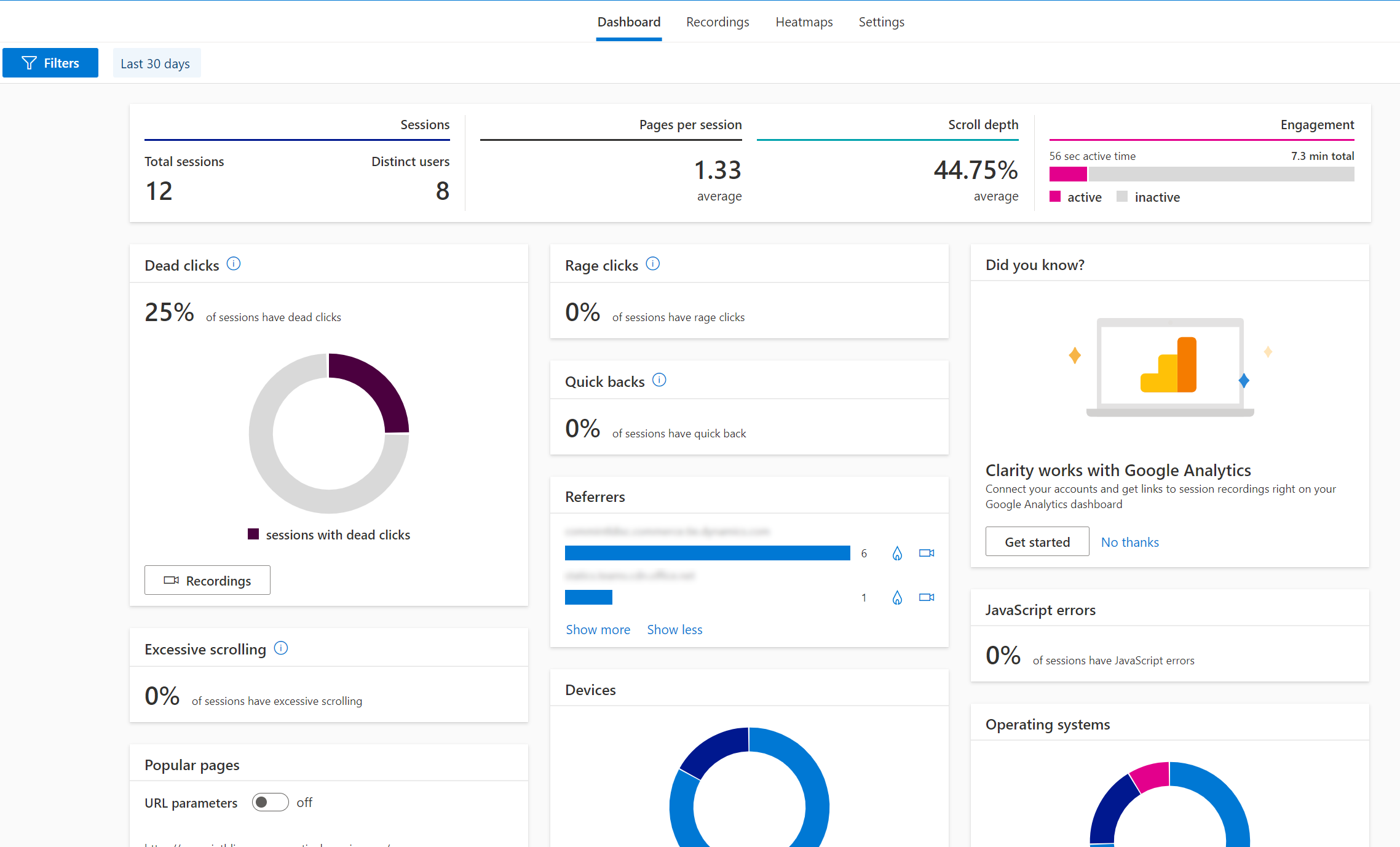 Clarity-dashboardet giver målepunkter for trafik og brugersessioner for dit projekts domæne.