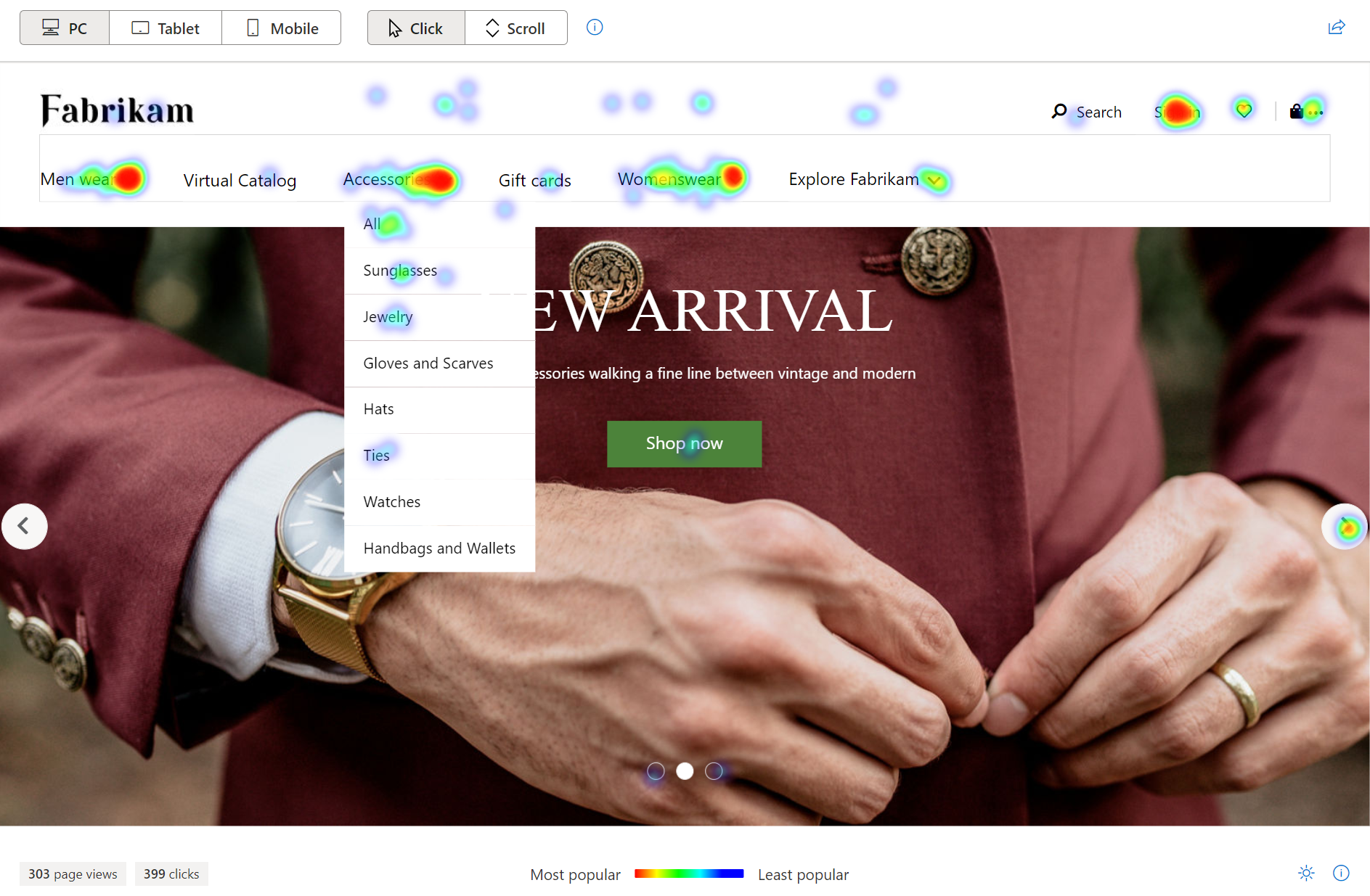 Clarity Heatmaps viser brugerens klik- eller rulledata pænt overlejret på din webstedsside til reference.