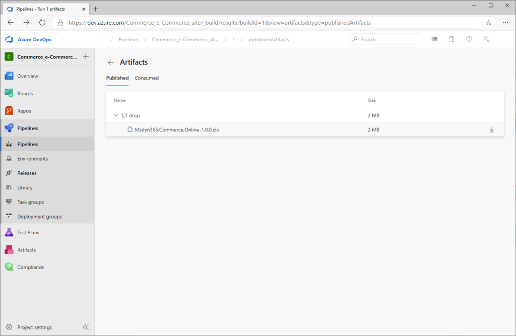 "Artifacts" page showing the pipeline run zip file under the expanded "Drop" folder