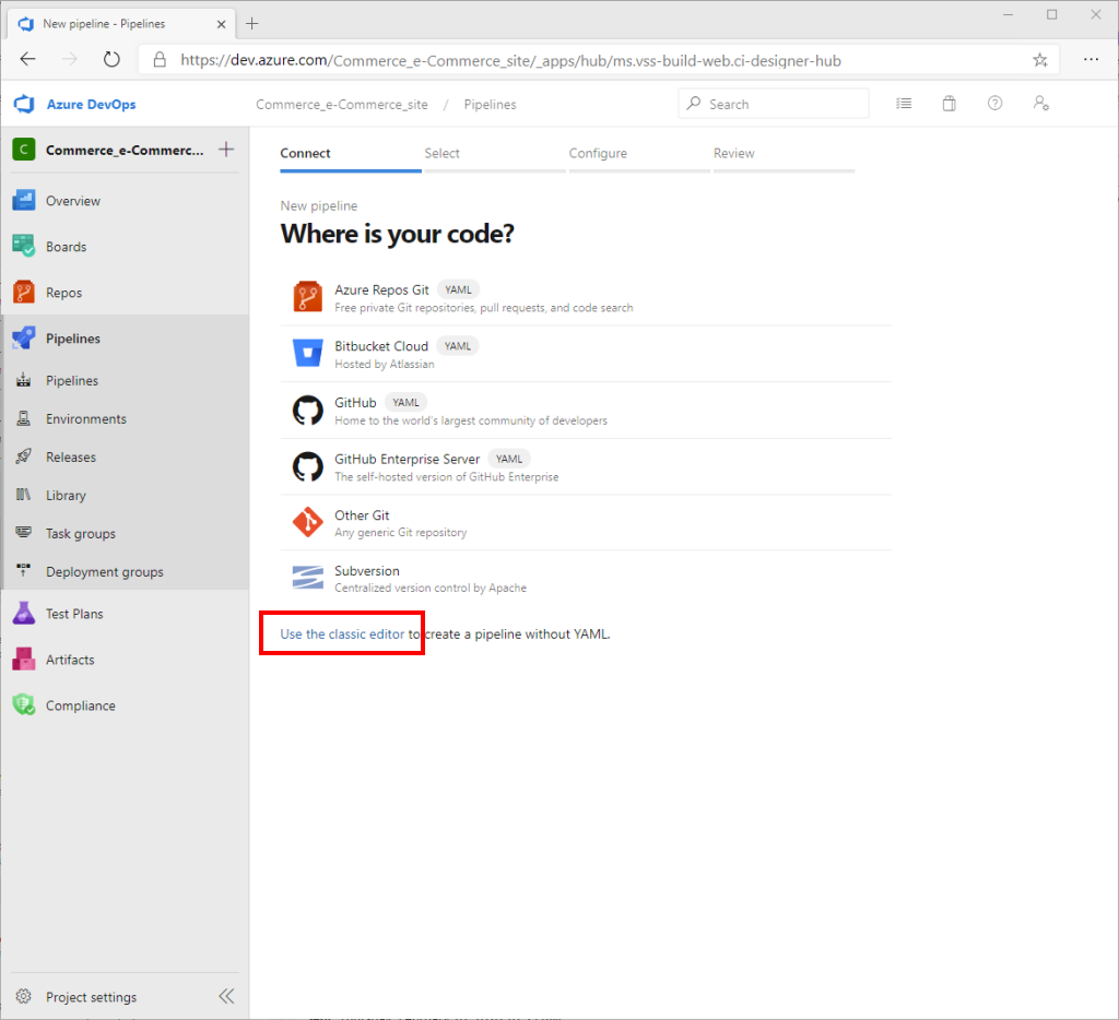 Azure DevOps "Where is your code?" page with the "Use the classic editor" link highlighted