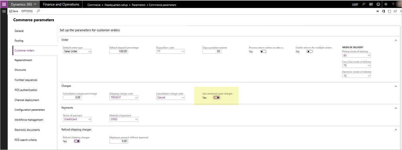 Parametre for avancerede automatiske gebyrer.