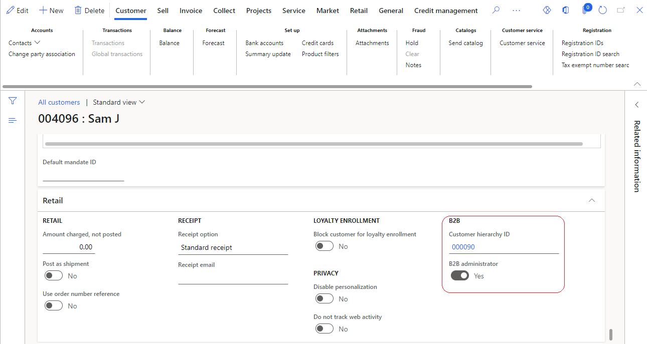 Eksempel på sektionen B2B i oversigtspanelet Detail for en kundepost, hvor kunden er tilknyttet et hierarki og angivet som administrator.