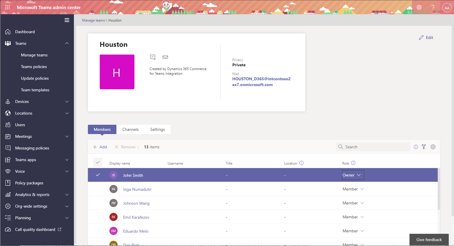 Teammedlemmer og brugerroller i Microsoft Teams Administration.